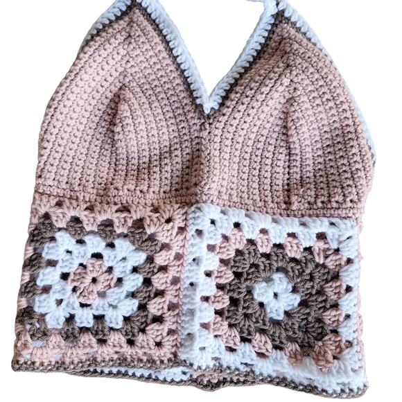 Handmade Crochet knit granny square halter top fits medium pink boho hippe - Picture 6 of 7